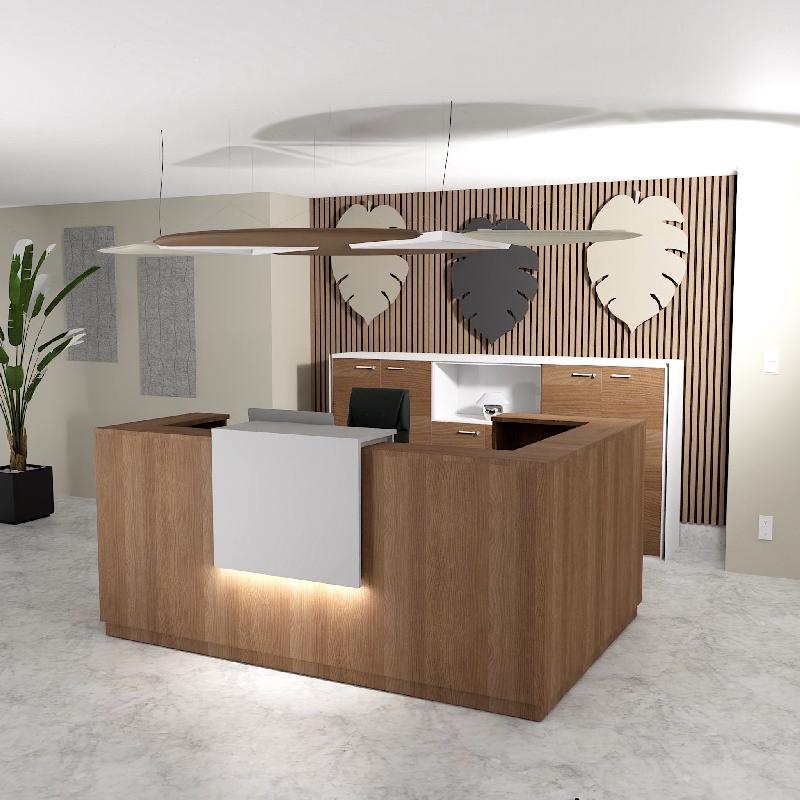 Banque d'accueil d'angle Delta Plus avec réhausse - Mobel Linea - 184, Blanc mat, Droite, Acacia foncé, Non_0