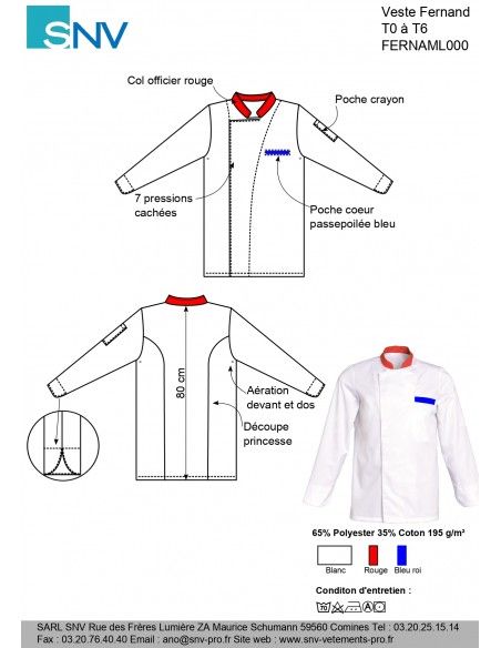 Fernaml000 - Veste de cuisine SNV - col officier rouge - manches longues - découpe princesse_2
