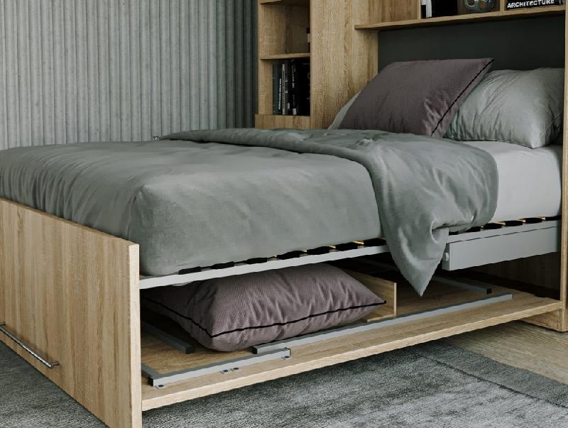 Composition armoire lit escamotable LUTECIA - Chêne naturel - Couchage 140x190 cm avec rangements intégrés_2