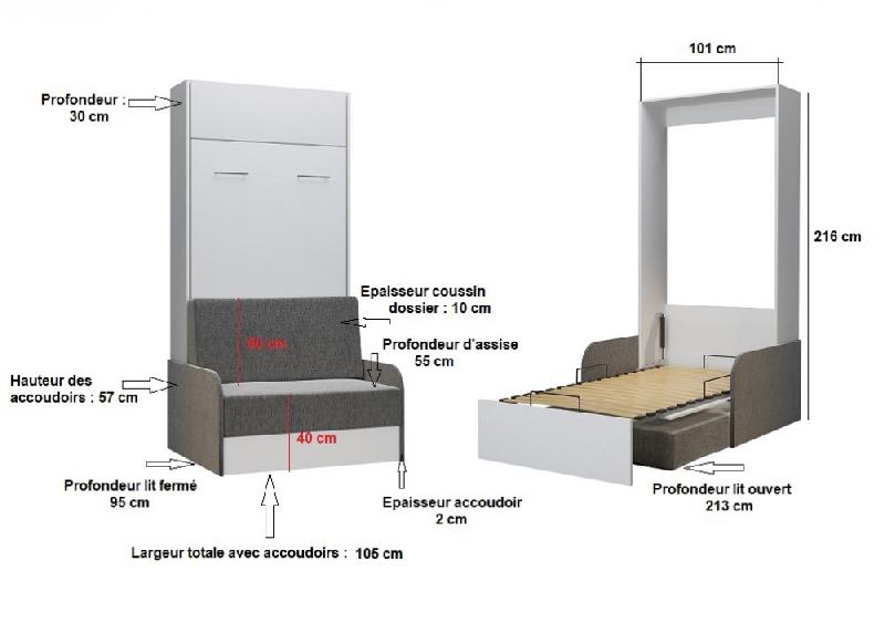 Armoire lit escamotable Dynamo Sofa blanc avec canapé + accoudoirs tissu rouge - Couchage 90x200 cm_2