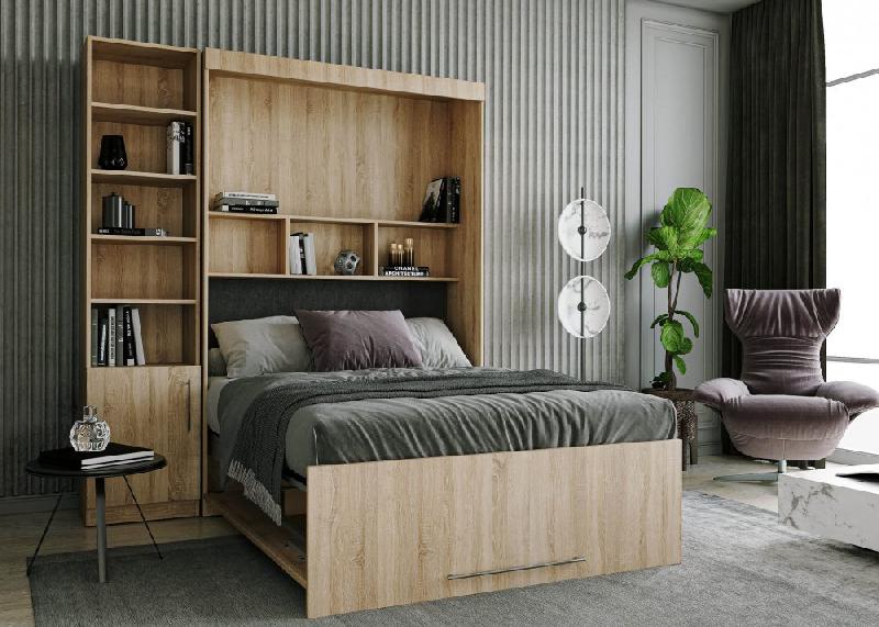 Lit escamotable LUTECIA 140x190 cm en chêne avec rangement bibliothèque intégré - système SEDAC MERAL_2