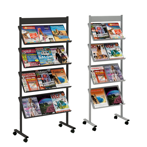 Présentoir mobile Gris Brochure-Displays® - Largeur utile 47 cm Réf : 340810 - 4 étagères inclinées, fixes_2