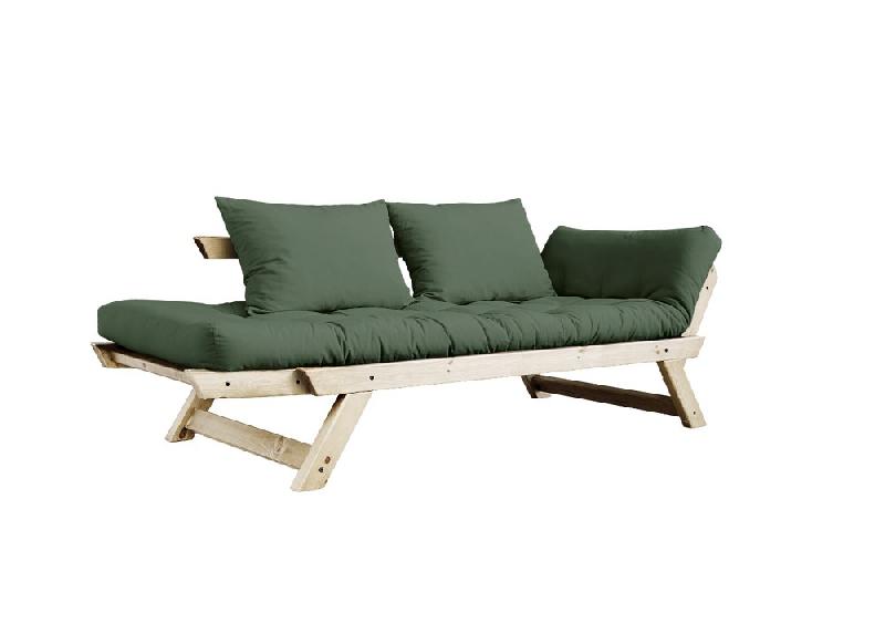 Banquette méridienne futon BEBOP - pin naturel - coloris vert olive - couchage 75x200 cm - convertible et design moderne_2