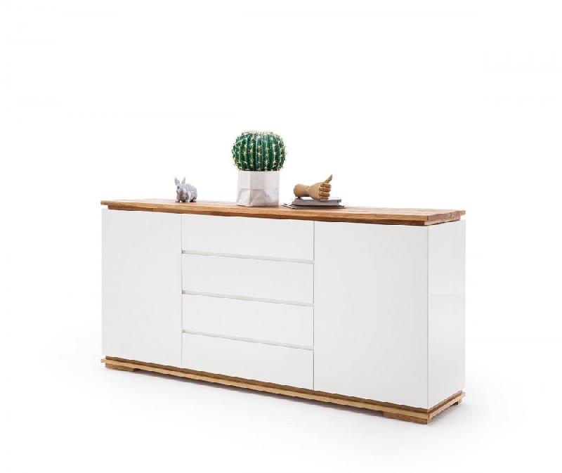 Buffet Charly - 2 portes, 4 tiroirs - Laqué blanc mat - Plateau et socle en chêne massif noueux huilé_2