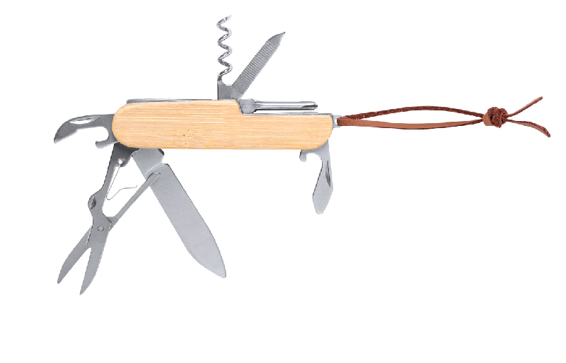 Couteau de poche multifonctions en acier inoxydable - manche bambou - 9 fonctions - avec bandoulière similicuir_2