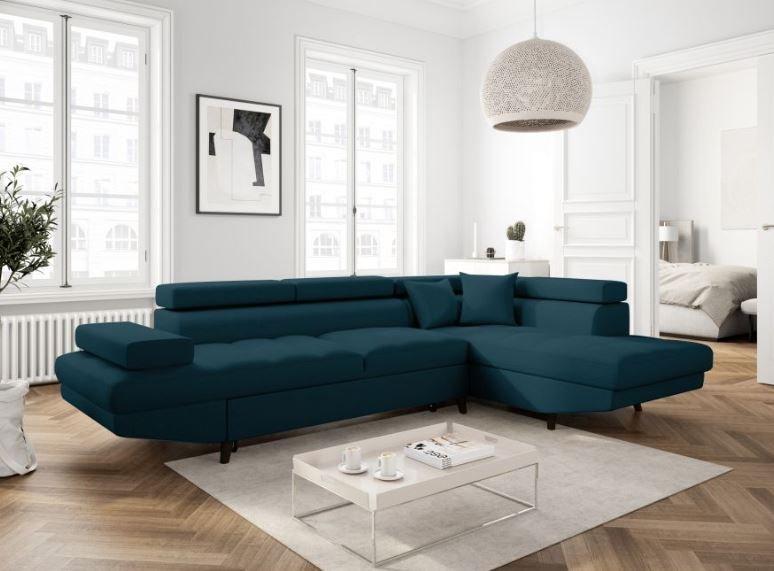 Canapé d'angle méridienne droite RINO - convertible avec coffre - bleu canard - pieds laqués noir - 3 têtières réglables - 2 coussins déco_2