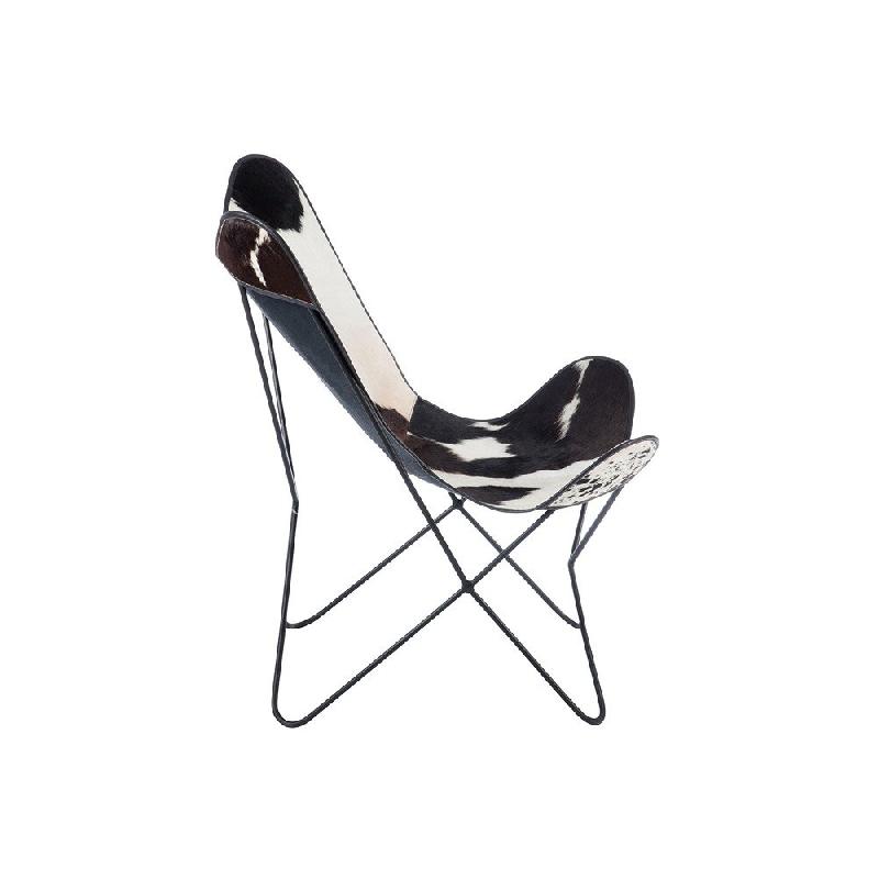Fauteuil en cuir Loulou - Peau de vache noire et blanche - Design ethnique - Pieds en métal noir_2