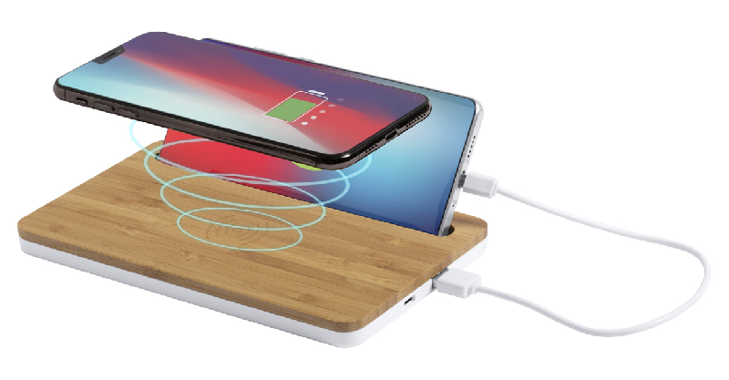 Chargeur induction de bureau en bambou - 5W avec support téléphone et Power Bank USB 1000 mA_2