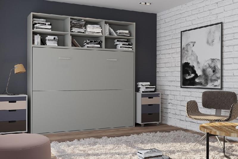 Lit escamotable STRADA-V2 gris mat - Couchage 140 x 200 cm avec surmeuble 6 niches de rangement_2