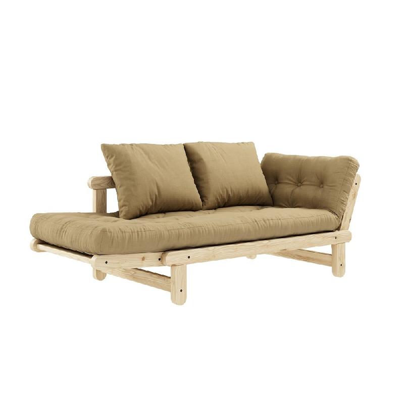 Banquette méridienne futon Beat en pin naturel - Tissu beige blé - Couchage 75x200 cm - Convertible et modulable_2