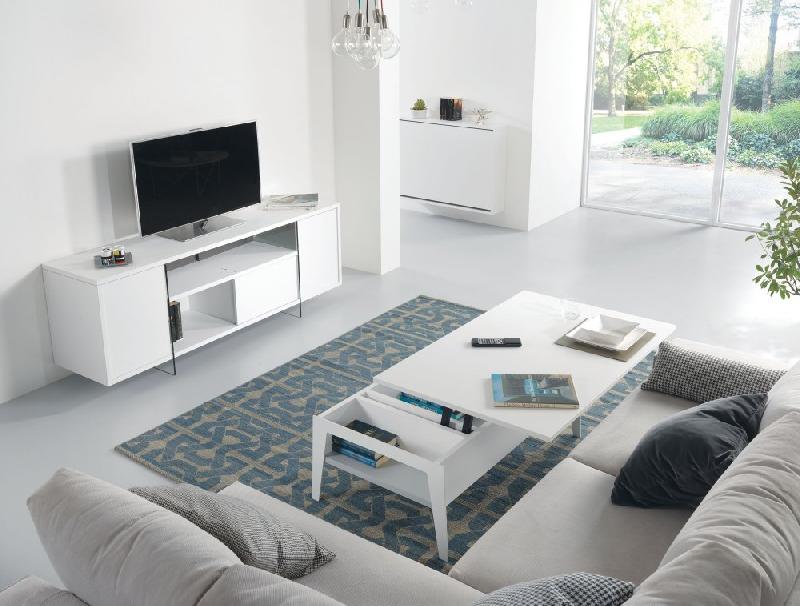 Table basse relevable Brighton - Blanc mat, piètement blanc, 110x70 cm avec espace de rangement_2