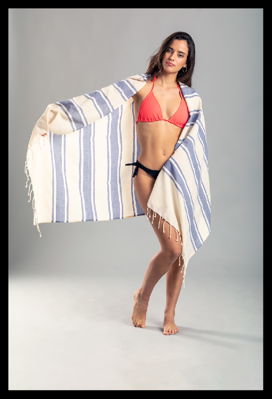 Serviette de plage - Paréo bicolore - 100% coton biologique - 110 g/m² - Couleur bleu_2