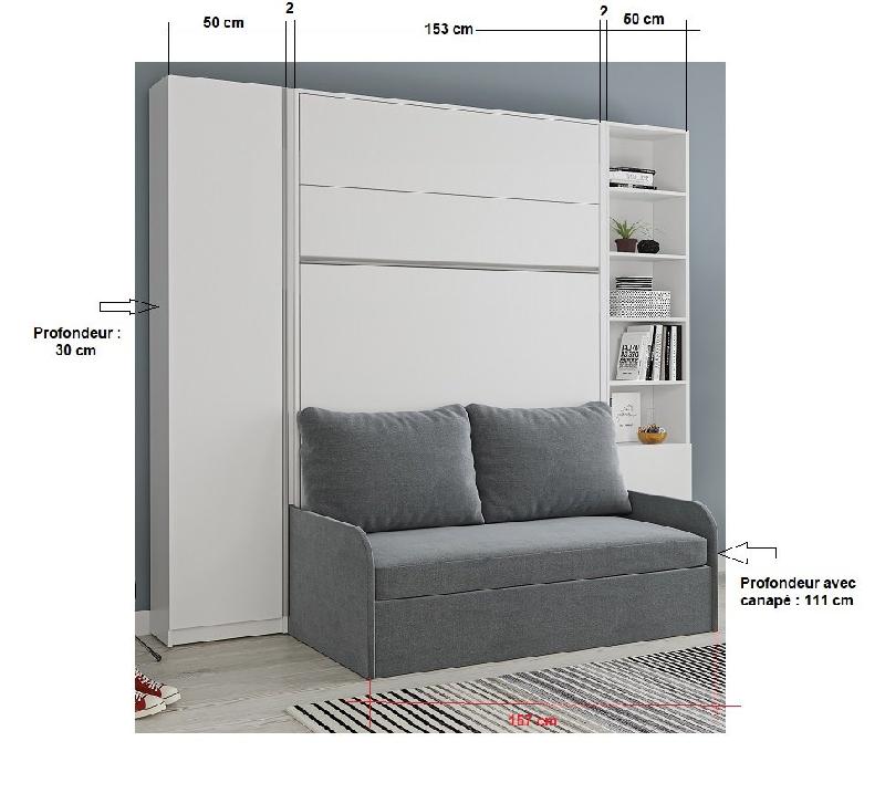 Composition lit escamotable 140 blanc mat Bermudes Sofa - Canapé microfibre gris avec 2 colonnes et armoire intégrée_2