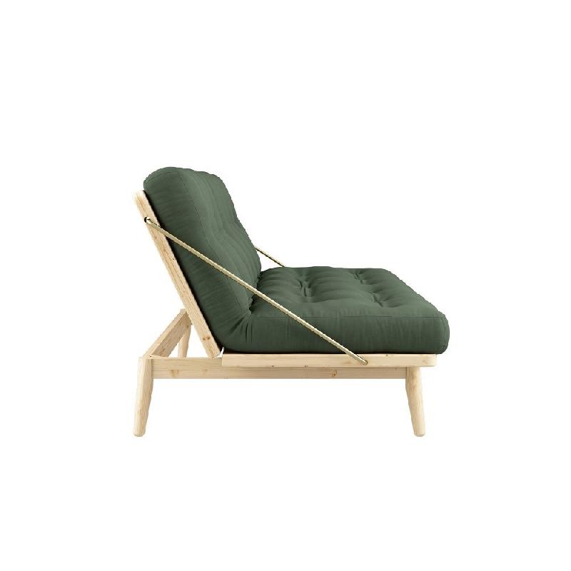 Banquette futon FOLK en pin massif - Coloris vert olive - Couchage 130 x 190 cm - Design scandinave avec accoudoirs en métal_2