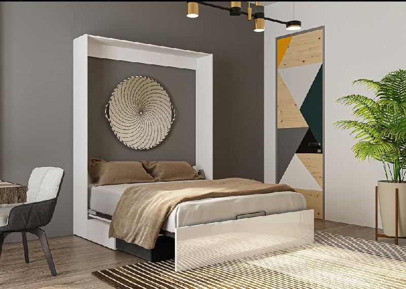 Armoire lit escamotable Dynamo Sofa - façade blanc brillant effet miroir - canapé anthracite - couchage 140x200 cm_2