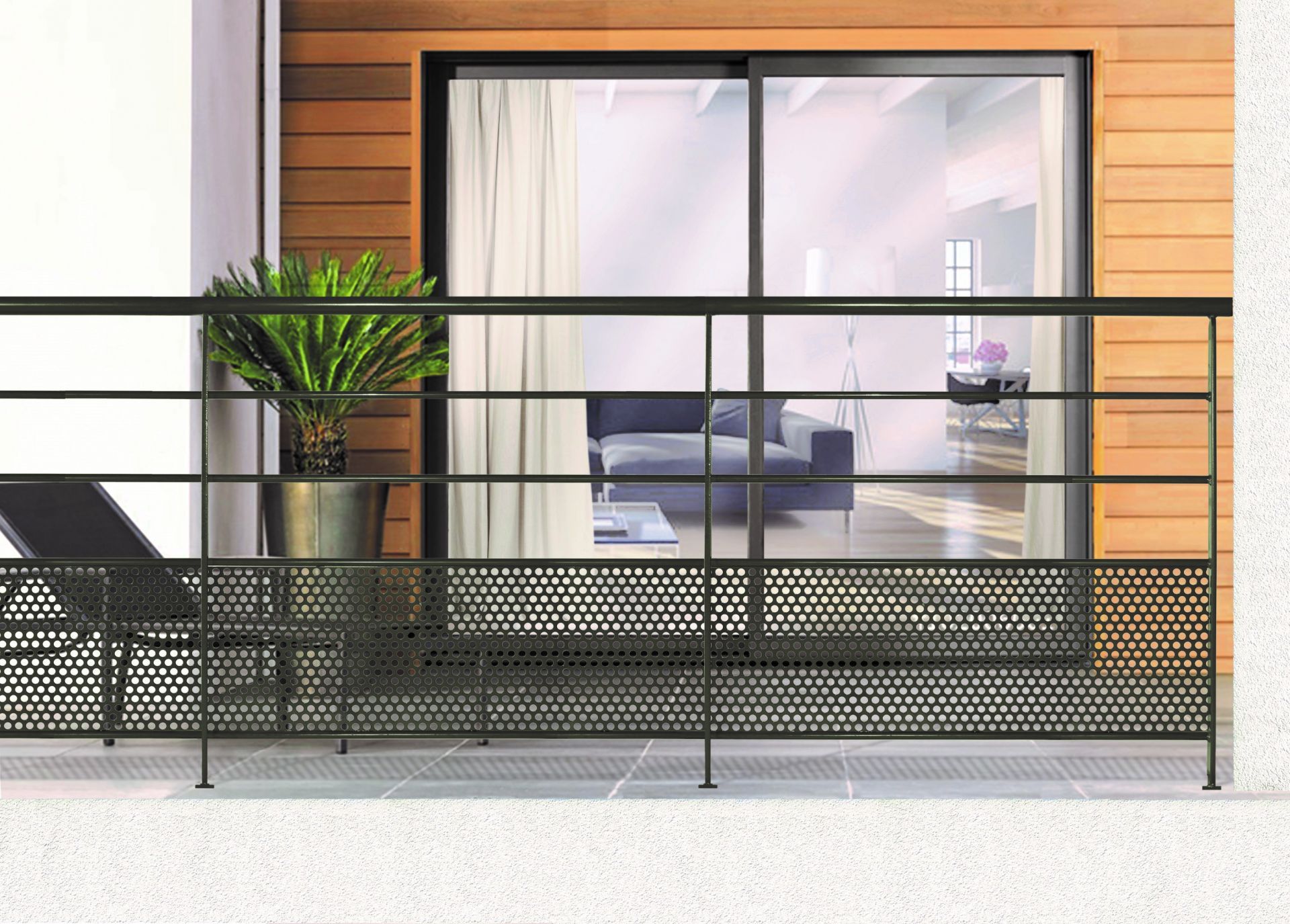 Garde-corps balcon et rampe Panama - Main courante tube diamètre 42mm, poteaux fer plat 40x10mm_0
