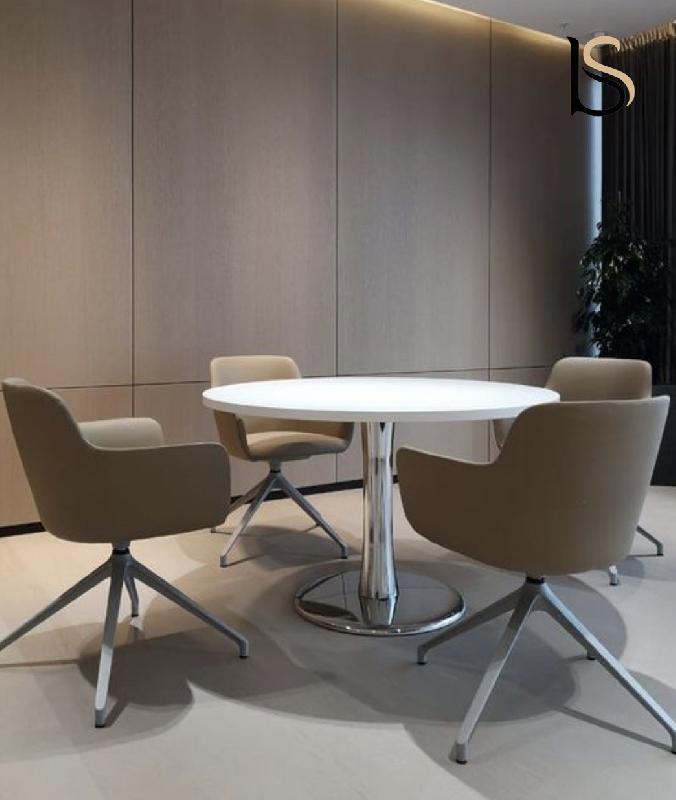 Table de réunion ronde Idea, pied chromé - Quadrifoglio. - 100, Noyer canaletto_2