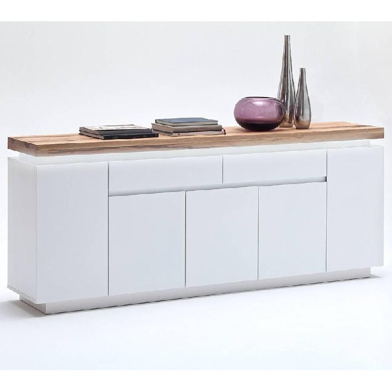 Buffet Romina 5 portes 2 tiroirs - laqué blanc mat avec plateau en chêne noueux huilé - LED intégré_2