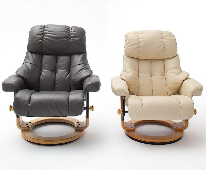 Fauteuil relax CLAIRAC XL - assise en cuir crème, pied en bois naturel, inclinable à 135° avec repose-pied_2