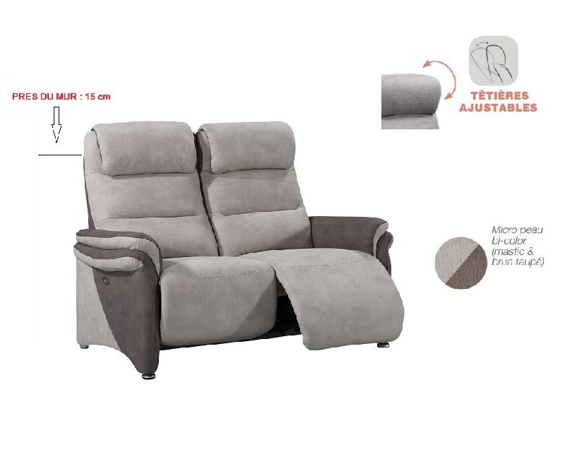 Canapé relax électrique 2 places ZILIA - Microfibre mastic et brun taupé - Têtières ajustables et moteur synchronisé_2