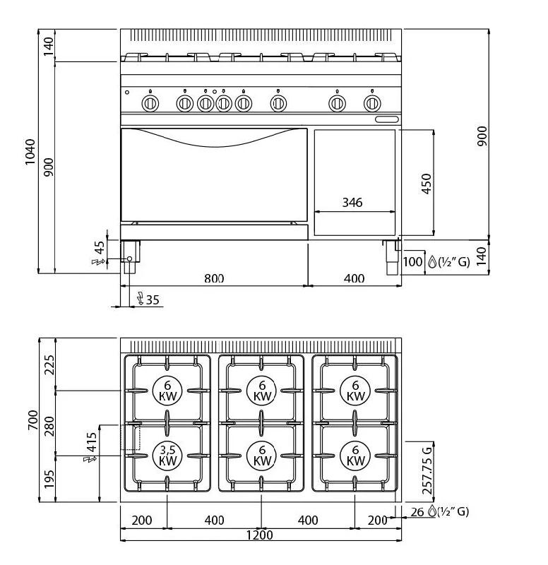 Fourneau à gaz 6 feux sur four (33,5 kw) + four électrique statique (7,5 kw)_2