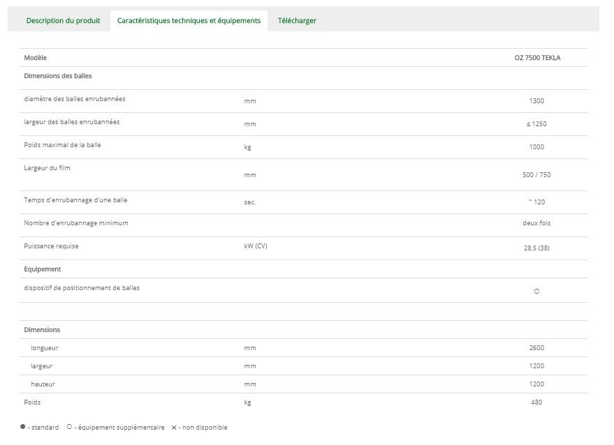 Oz 7500 Tekla - Enrubanneuse agricole SIPMA S.A - Poids maximal balle 1000 kg - Distributeur universel pour films 0,5 et 0,75 m_2