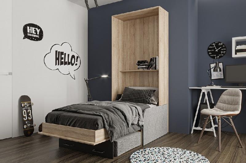 Lit escamotable style industriel KEY SOFA - Canapé avec accoudoirs tissu et tiroirs de rangement - Couchage 90x200 cm_2