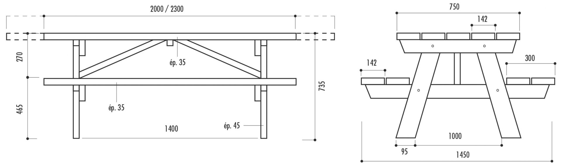 Table pique-nique en bois 'MUNICH' rallongée 2022 - Accessible PMR - Pin traité autoclave classe IV certifié FSC_2