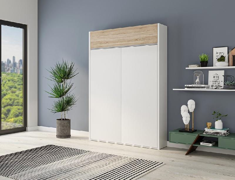 Armoire lit escamotable ultra plate ALADYNO - Blanc mat et chêne - 160x200 cm avec ouverture assistée_2