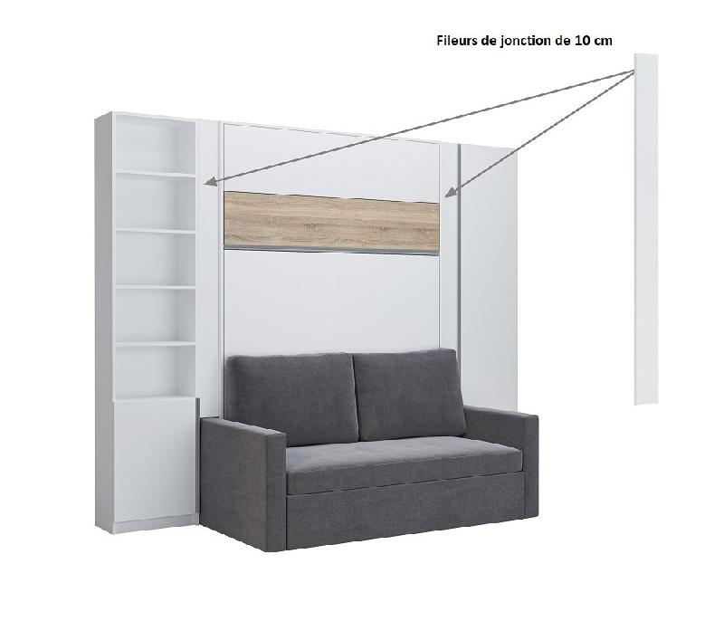 Composition lit escamotable 160 cm blanc mat avec bandeau chêne DJUKE SOFA - Canapé gris et 2 colonnes_2