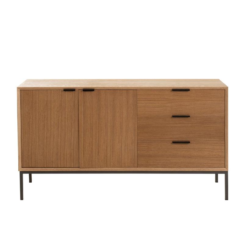 Buffet bas design BOZA - 2 portes, 3 tiroirs en bois naturel massif avec étagères - Style industriel classique_2