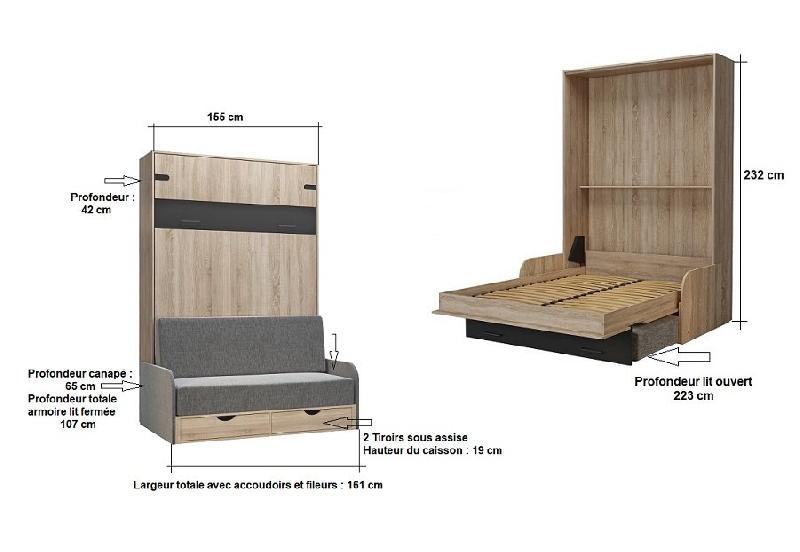 Lit escamotable industriel KEY SOFA avec canapé en tissu gris et teinte chêne - 140x200 cm_2