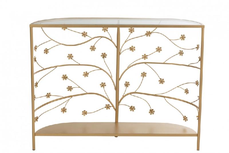 Console demi-lune MELAURE en métal doré - Plateau en verre - Motifs fleuris - L100 x H77 x P24_2
