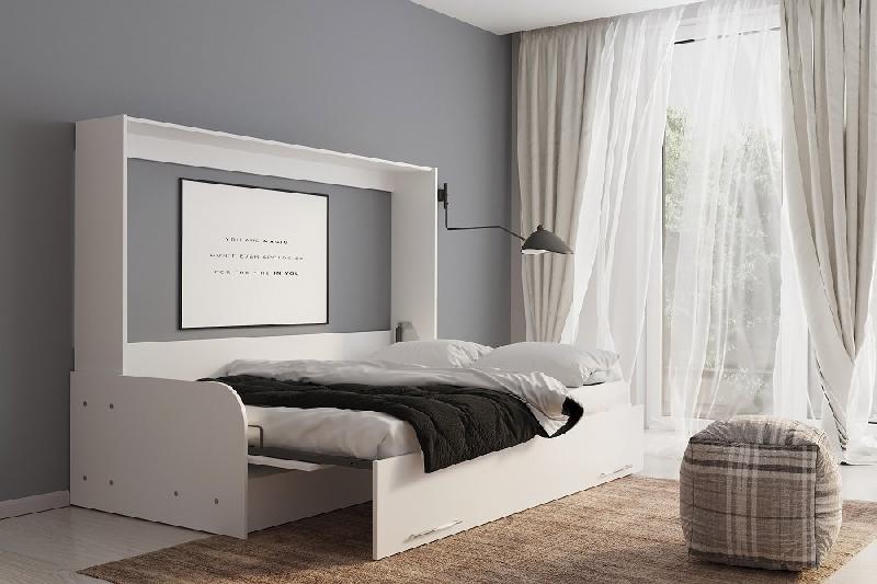 Armoire-lit escamotable VERTIGO SOFA - structure accoudoirs mélaminés blancs - tissu gris - 140x200 cm_2