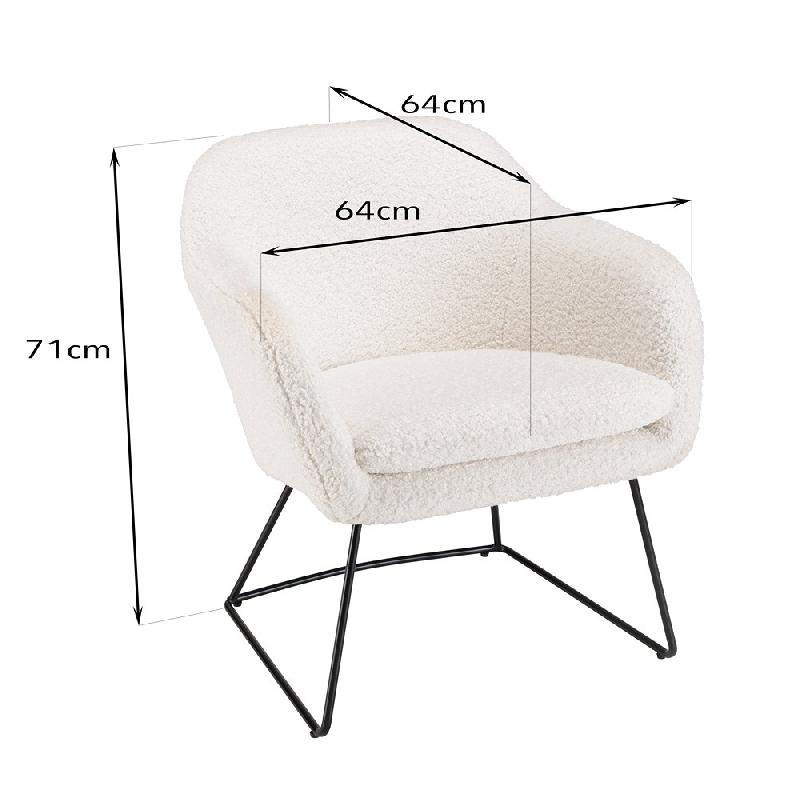 Fauteuil design GOTHY blanc en tissu bouclette - pieds évasés en métal noir_2