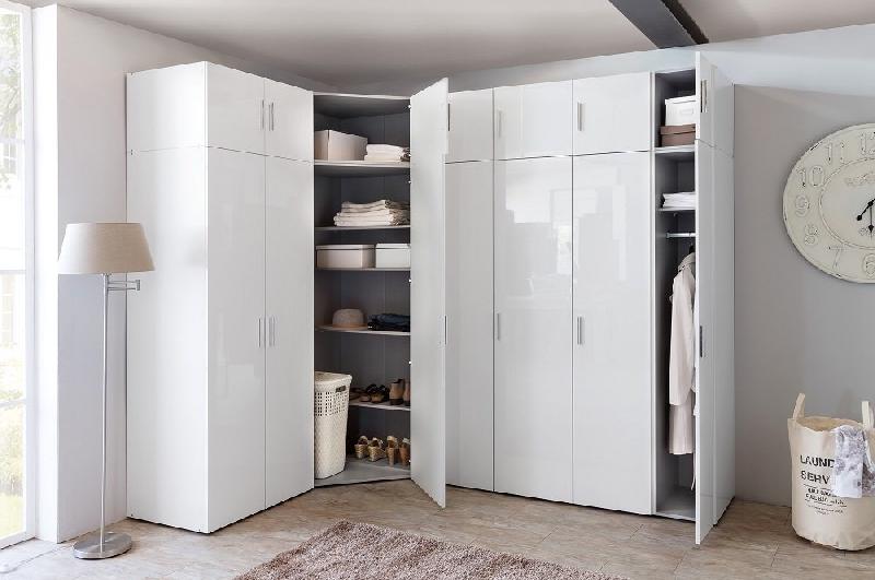 Composition d'angle dressing MADDY 174 x 259 cm - façade laquée blanc cassé brillant et poignées chromées_2