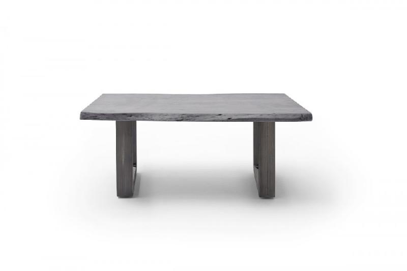 Table basse Claren - plateau 110 cm en acacia massif laqué gris - piétement en U en acier finition vintage_2