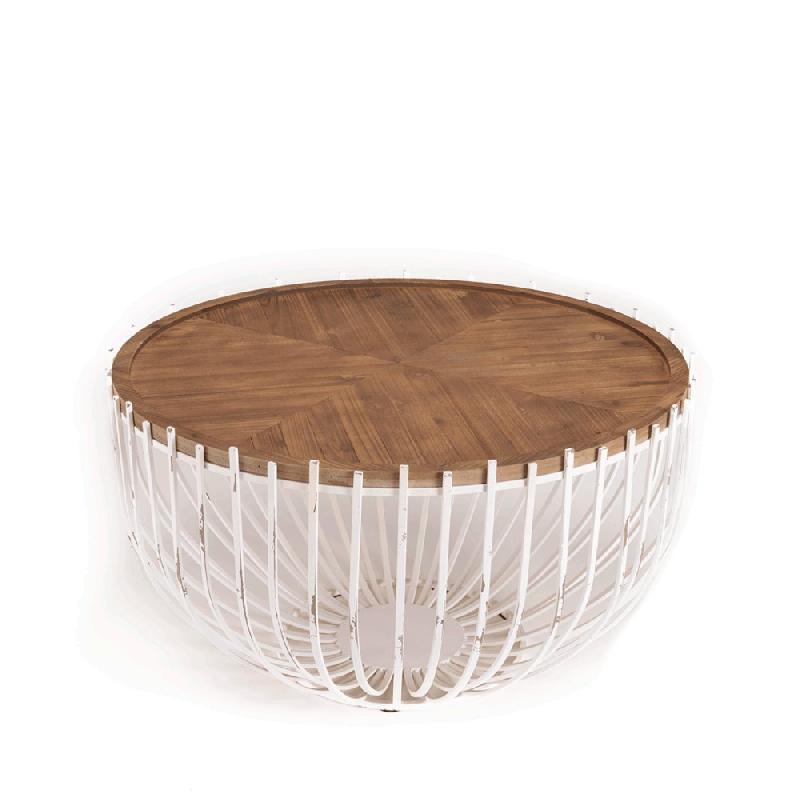 CORVIE  TABLE BASSE RONDE 83*83  AVEC PLATEAU NATUREL ET PIÉTEMENT EN MÉTAL BLANC_2