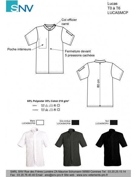 Veste de cuisine manches courtes - Lucasmcp00 - SNV - col officier - 1 poche intérieure et 1 poche stylo bras_2