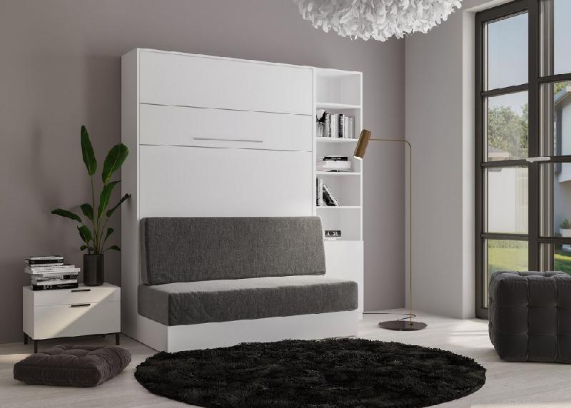 Armoire lit escamotable KOMPACT VIARDO SOFA - canapé blanc mat tissu gris - couchage 140x200 cm - ouverture assistée_2