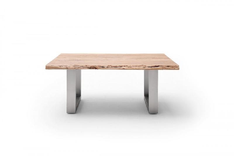 Table basse Claren - plateau 110 cm en acacia massif naturel laqué - piétement en U acier brossé_2