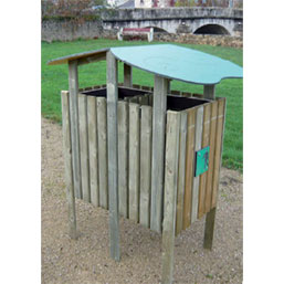 Corbeille publique en pin du Nord traité autoclave - DUETTO - 2 x 100 L avec toit en HDPE gravé_2