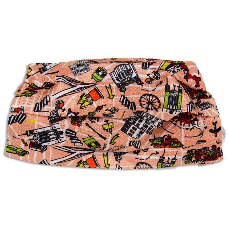 Masque lavable en soie imprimée Lyon estival - doublé coton - pêche - 9x18 cm_2