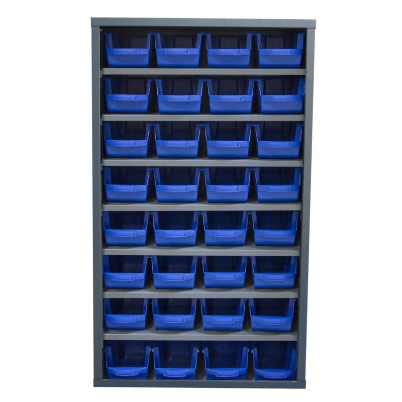Armoire à bacs avec portes verrouillables - 40 bacs polypropylène, structure acier - Sans portes / Bleu / 32 x 10L_2