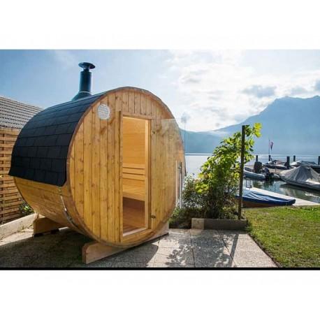 Sauna extérieur Harvia type tonneau avec poêle à bois - 180 cm (L) x 220 cm (diamètre) - 4 personnes - Épicéa 40 mm et acier inoxydable_2
