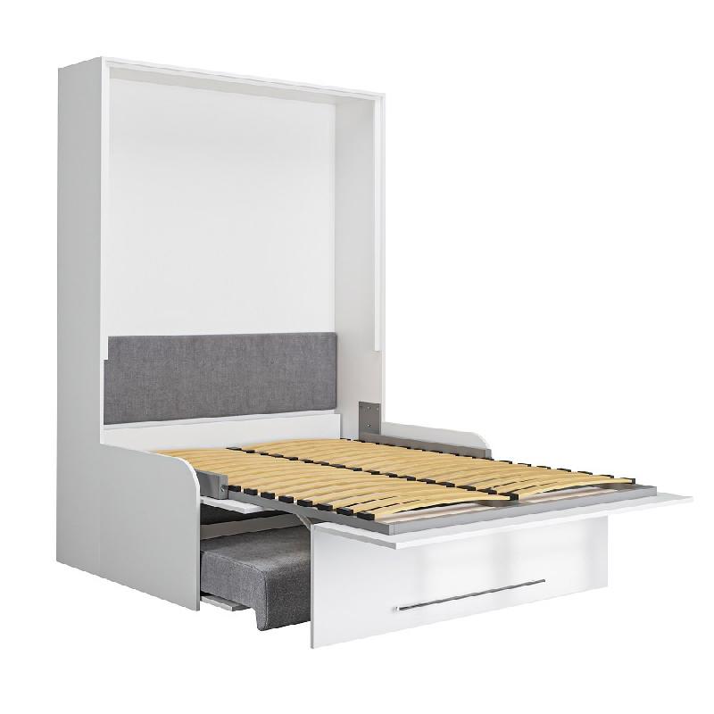 Armoire lit escamotable Sofa Automatica 140 cm - façade laquée blanc brillant - canapé microfibre gris intégré_2