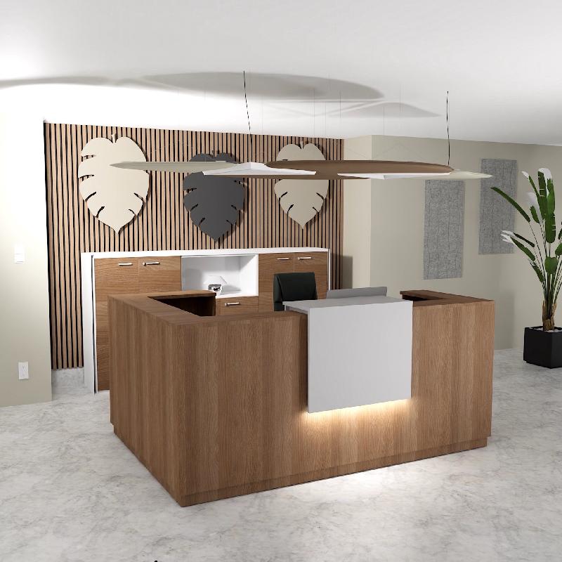 Banque d'accueil d'angle Delta Plus avec réhausse - Mobel Linea - 184, Blanc mat, Gauche, Acacia foncé, Non_0