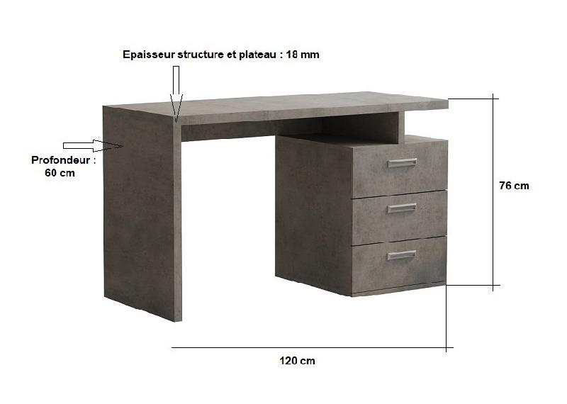 Bureau droit Ruby - 3 tiroirs gris béton - 120 x 60 cm - Design contemporain - Fabrication européenne_2