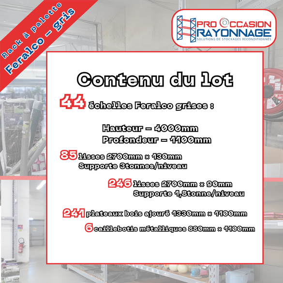 Rack à palette - 44 échelles, 331 lisses, plateaux bois et caillebotis inclus - Feralco_2
