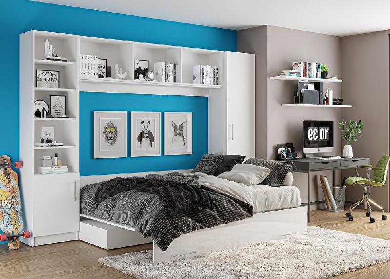 Composition lit escamotable Vertigo Sofa blanc brillant - canapé marron 160x200 cm avec colonnes de rangement - L : 311 cm_2